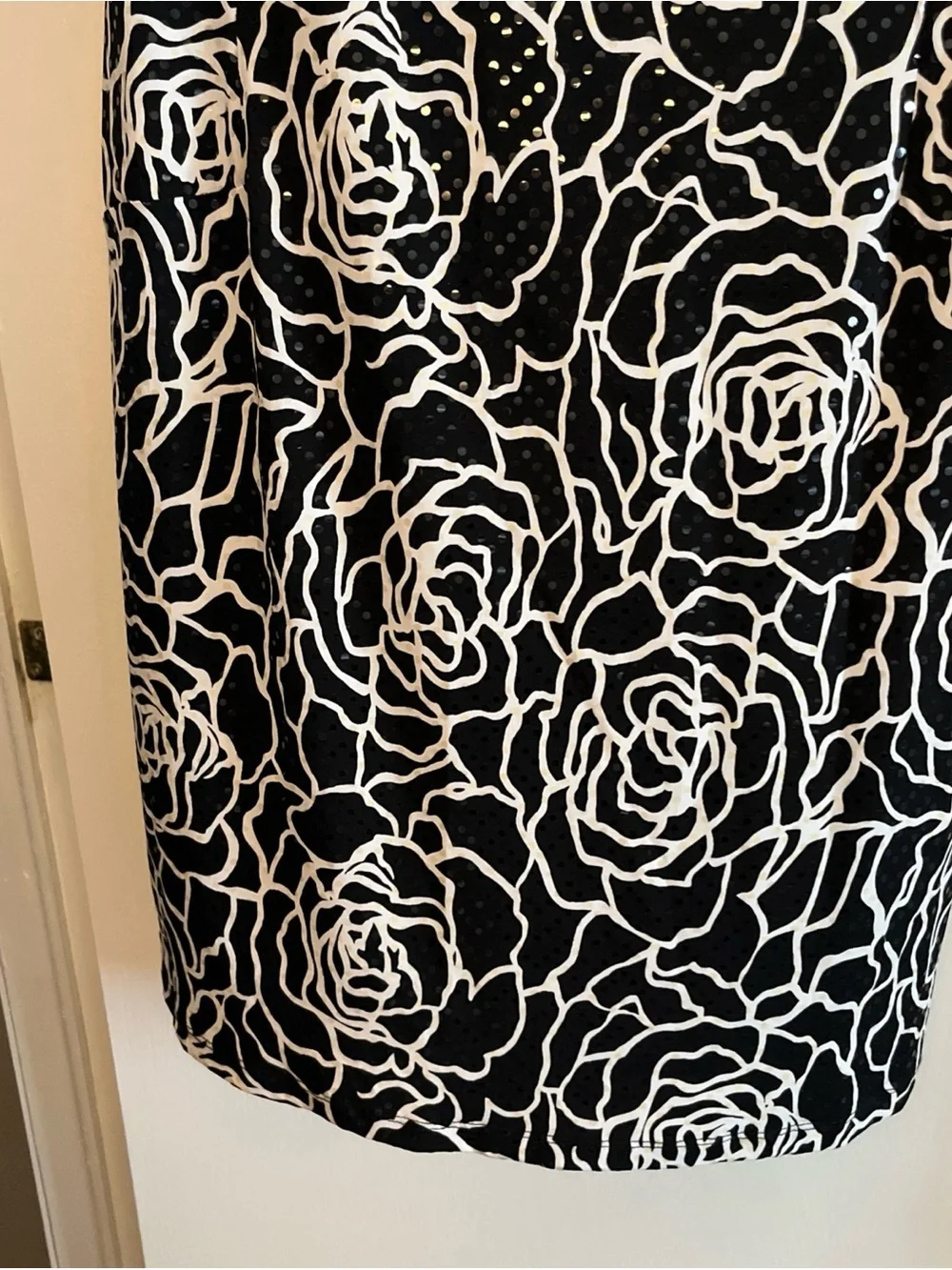 Dress Barn Black and White Rose-Print Ruffle-Neck Mini Dress